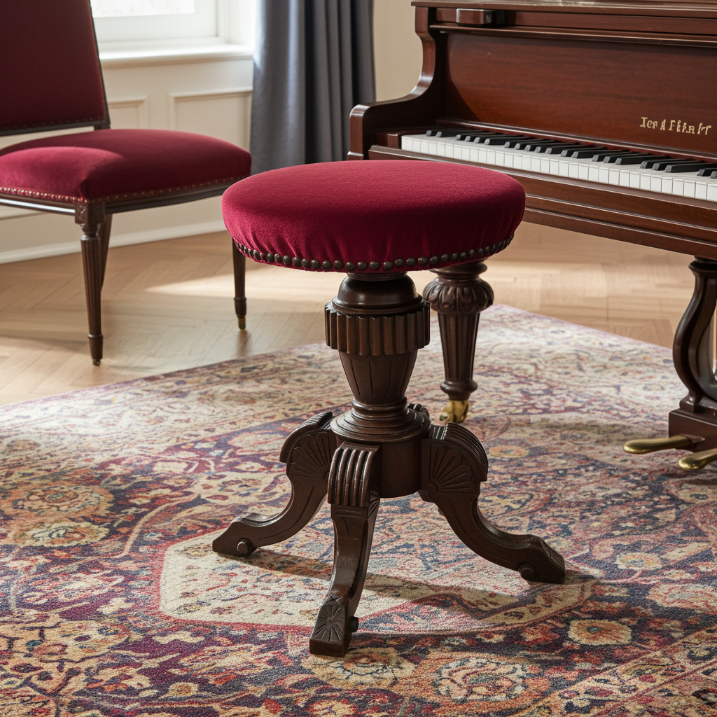 Fine Victorian Carved Mahogany Swivel Piano Stool – Velvet Upholstered, England